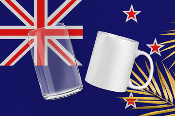 Patriotic can glass and mug mock up on background in colors of national flag. New Zealand