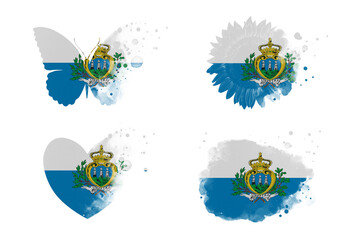 Sublimation backgrounds different forms on white background. Artistic shapes set in colors of national flag. San Marino