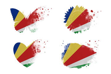 Sublimation backgrounds different forms on white background. Artistic shapes set in colors of national flag. Seychelles