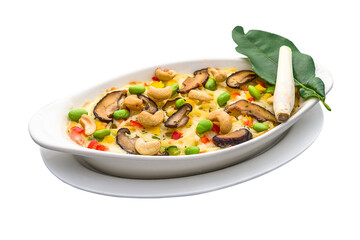 Tom yummy baked pasta served in a dish isolated on plain white background side view