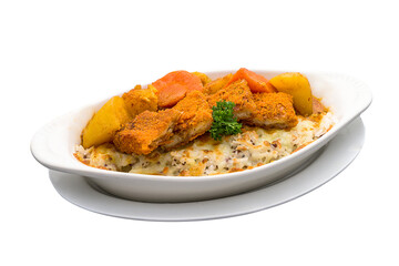 Nanyang Curry Lion Mane Cheezy Patty Baked Rice served in a dish isolated on plain white background side view