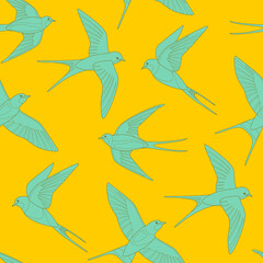 Outline swallow on yellow background. Vector seamless pattern. Simple illustration of flying birds.