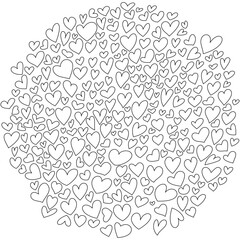Vector linear hearts of various shapes in a circle. Many hearts