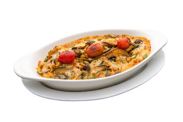 Tomato Mushrooms Baked Pasta served in a dish isolated on plain white background side view