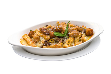 Laksa Lion Mane Baked Pasta served in a dish isolated on plain white background side view