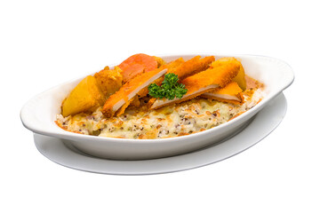 Nanyang Curry King Oyster Cutlet Baked Rice served in a dish isolated on plain white background side view