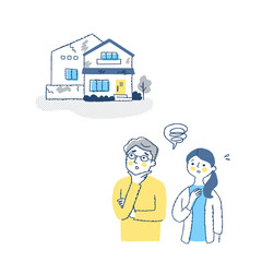 困った表情の男女と老朽化した家