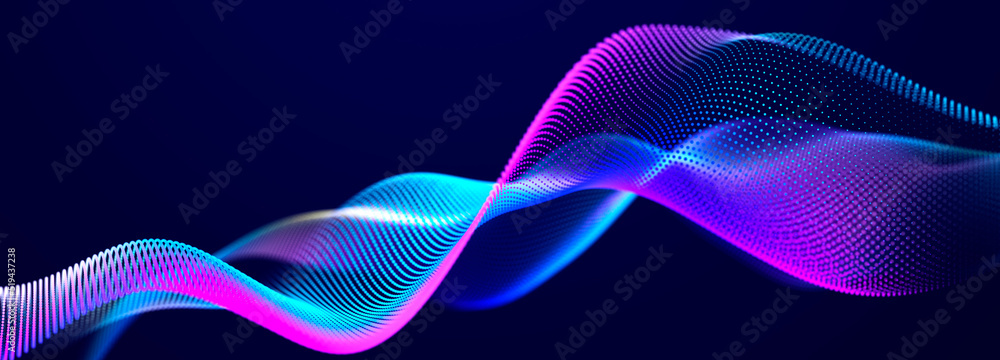 Aufkleber Futuristic dots pattern on dark background. Colored music wave. Big data. Technology or Science Banner. 3D rendering