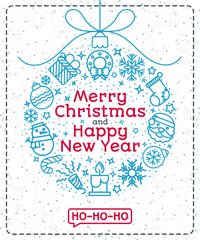 Christmas greeting card color style with christmas ball consisting of christmas line icons and sign Merry Christmas Happy New Year ho ho ho on snow holiday background. Christmas decoration element