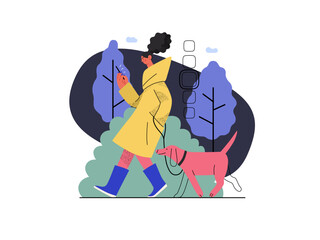 Shop everywhere -Online shopping and electronic commerce series -modern flat vector concept illustration of a woman walking with dog and shopping. Promotion, discounts, sale and online orders concept