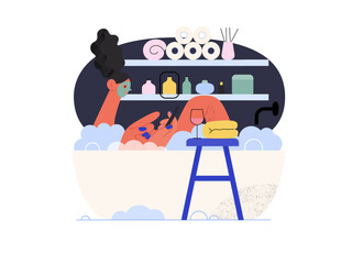 Easy shopping - Online shopping and electronic commerce series - modern flat vector concept illustration of a woman taking a bath. Promotion, discounts, sale and online orders concept