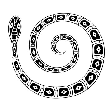 Snake. Aboriginal art style. &ndash;&deg;urled up snake. Flat design style. Vector blacl and white illustration, isolated on white background.