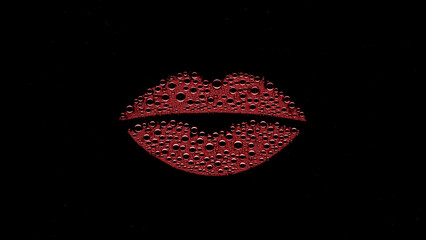 Lip shape printed on the wet glass with red drops on black background | lip care concept