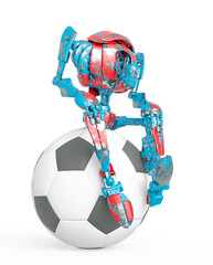 out of date robot is sitting on the football ball in white background