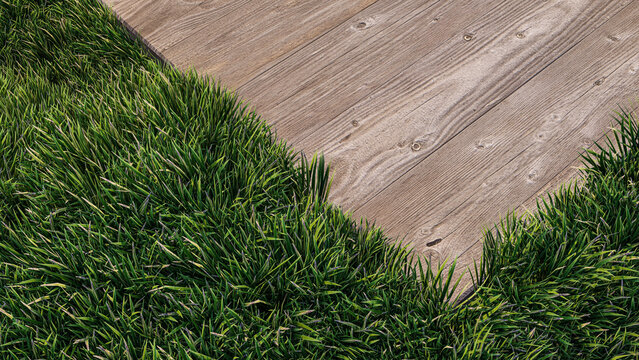 A 3d rendering image of wooden plate place on grass field