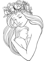 linear illustration of mother with her child