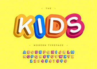 Vector kids typeface 3d bold typography sans serif style for poster, decoration, promotion, book, t shirt, sale banner, printing on fabric. Cool modern alphabet. Trendy font. 10 eps