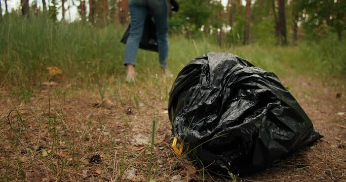 Close up of trash bag in forest during collecting trash waste products