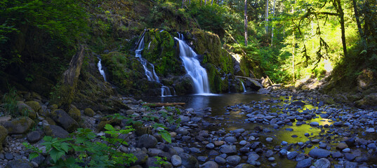 Panoramic view of Lower Little Mashel Falls in a forest of lush vegetation and evergreens in Eatonville, Washington.