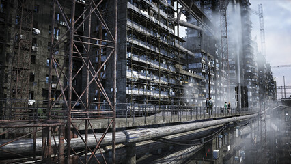 Apocalyptic city build. Overpopulation problem. Realistic 4k animation. 3d rendering.