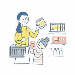 スーパマーケットで買い物する親子