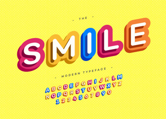 Fototapeta na wymiar Vector smile font 3d bold typography colorful style for poster, decoration, promotion, book, t shirt, sale banner, printing on fabric. Cool modern typeface. Trendy alphabet. 10 eps
