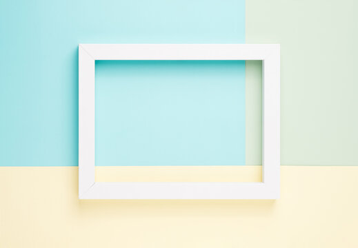 Colorful geometric abstract background with white frame. Minimal pastel backdrop.