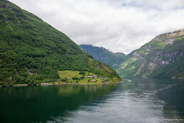 Landscape view near Geiranger fjords near Geiranger town from harbor Møre og Romsdal at Geirangerfjorden in Norway (Norwegen, Norge or Noreg)