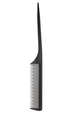 Comb with a tail. Professional hairdressing comb Rat Tail for hair. Comb with a thin and long handle on a white background. Premium hairdressing accessories for haircuts.