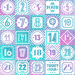 Christmas countdown printable tags collection color style different background consisting of christmas tree, snowflake, star, candy, checkered background, circle. Vector Illustration