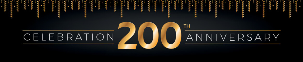 Fototapeta na wymiar 200th anniversary. Two hundred years birthday celebration horizontal banner with bright golden color.