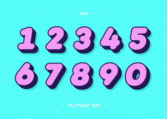 Set of numbers 3d bold typography colorful style consisiting of 1, 2, 3, 4, 5, 6, 7, 8, 9, 0 for logo, poster, t shirt, book, sale banner, printing on fabric, birthday card. Modern font. Vector 10 eps