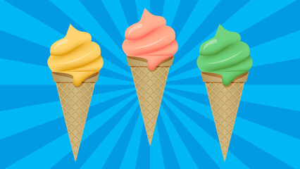 A colored Ice cream in a waffle cone on a blue background