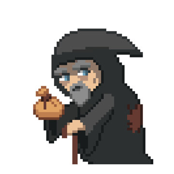 An 8-bit retro-styled pixel-art illustration of a hooded merchant.