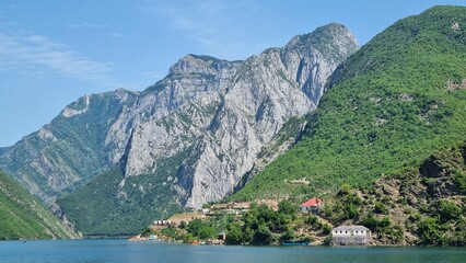 Village by the lake in the mountains in Albania