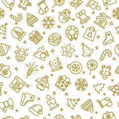 Christmas pattern consisting of gold christmas line icons such as santa, deer, christmas ball, gift, snowflake on winter holiday background. Merry Christmas Happy New Year. Vector Illustration