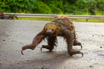 Fototapeta premium Linnaeus two-toed sloth (Choloepus didactylus) crossing road. Cute wet sloth trying to get across a dirty road in Ecuador, Amazonia. Green background. Desperate animal