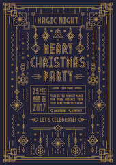 Merry Christmas poster for party with new year toy art deco line style gold color on black background for flyer, greeting card, invitation. Vector Illustration