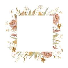 Watercolor floral frame with autumn leaves and flowers isolated on white background