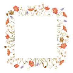 Watercolor frame with wildflowers and leaves