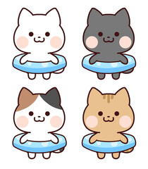 浮き輪(水色)を持った猫