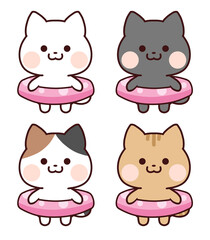 浮き輪(ピンク)を持った猫