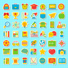 Set of back to school and education colot flat icons school supplies isolated on checkered background. Back To School Background. Back to school super shopping. Super sale. Vector illustration.