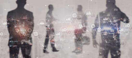 Diagrams and icons on hologram screen. Background with silhouettes