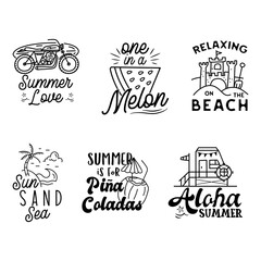 Summer badges set with different quotes and sayings - Summer Love. Retro beach logos. VIntage surfing labels and emblems. Stock vector graphics