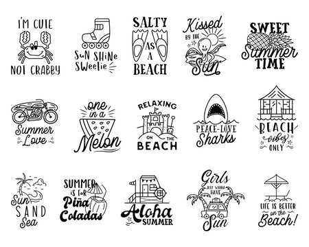 Summer badges big set with different quotes and sayings - Sweet Summer Time. Retro beach logos. VIntage surfing labels and emblems. Stock vector graphics