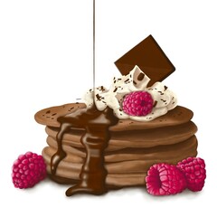 Digital illustration of chocolate pancakes poured with chocolate and raspberries. Food theme. Idea for posters, postcards, food blogs, print, cooking books, etc.