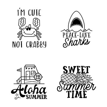 Summer badges set with different quotes and sayings - Im Cute Not Crabby. Retro beach logos. VIntage surfing labels and emblems. Stock vector graphics