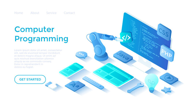 Computer programming, software, web, app development. Program code on monitor screen, website template on on tablet and phone. Landing page template for web on white background.