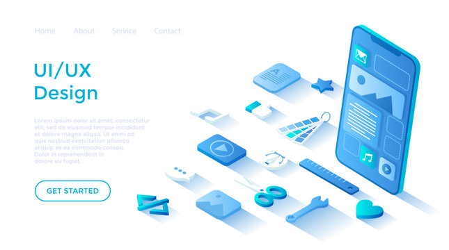 User Interface UI and User Experience UX design. Interface construction. Mobile application, program development. Landing page template for web on white background.